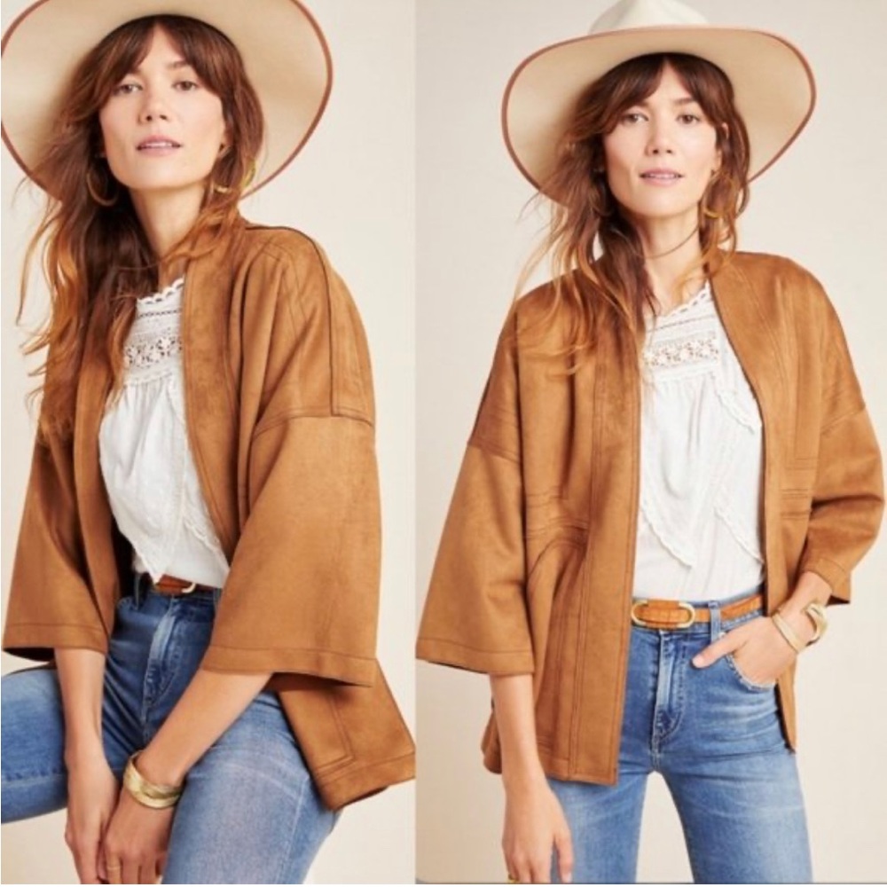 Anthropologie Faux Suede Kimono Jacket Tan Brown Boho Oversized Size S